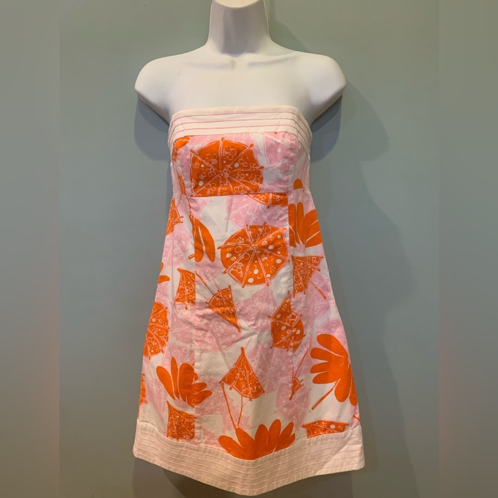 LILLY Pulitzer Vintage Umbrella Print Strapless Dress size 0 Orange Pink